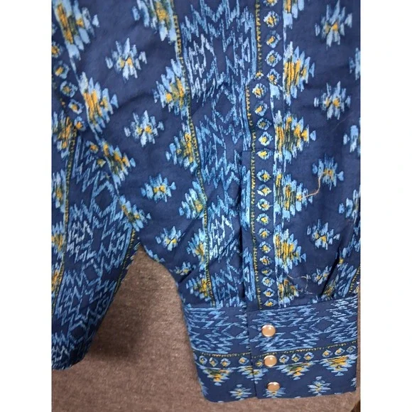 Wrangler Mens Shirt 2XL Blue Pearl Snap Aztec Southwestern Tribal Checotah Rodeo